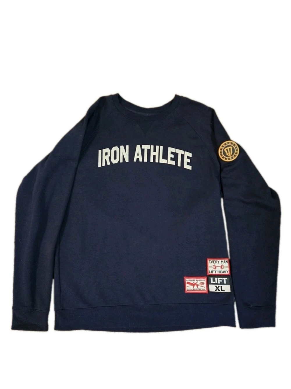 Oarsman Harpoon RARE Iron Athlete Navy Sweatshirt L EUC Veteran Owned Company